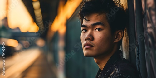 Snapshot of youthful Asian male against backdrop.