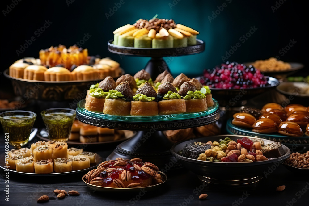 Traditional Ramadan Treats and Festive Dish Preparation. Oriental Sweets and Dried Fruits