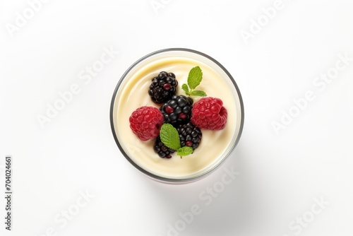  a glass of yogurt with raspberries and blackberries on top of it on a white surface with a green leaf on the top of the glass.