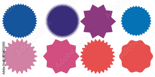 Set of vector starburst, sunburst badges. Starburst sale sticker. Colored stickers. Sunburst price tags, colors silhouettes on white background