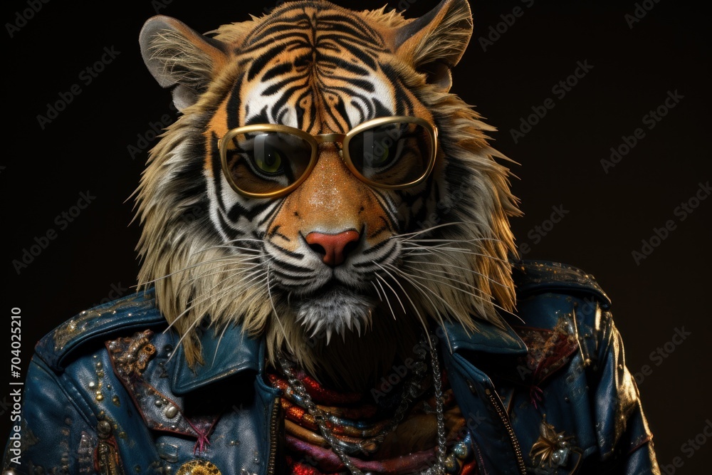  a close up of a person wearing a leather jacket and glasses with a tiger wearing a leather jacket and sunglasses on their head and a black background with a black background.
