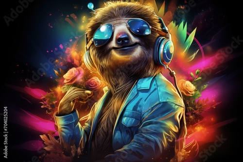  a slotty bear wearing headphones and a blue jacket with a flower on it's chest, in front of a black background with bright colors and splashes.