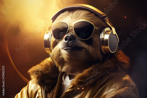  a sloth wearing a pair of headphones and a pair of headphones on it's face is wearing a leather jacket and a pair of aviators.