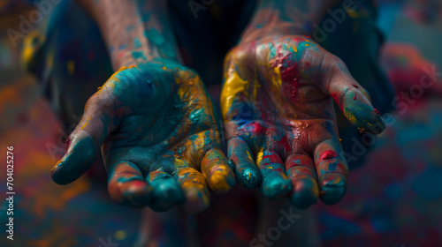 Paint-smeared hands of an artist at work.