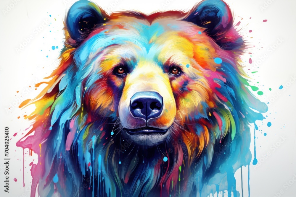  a painting of a bear's face with multicolored paint splatters on it's face and the bear's head is looking at the camera.