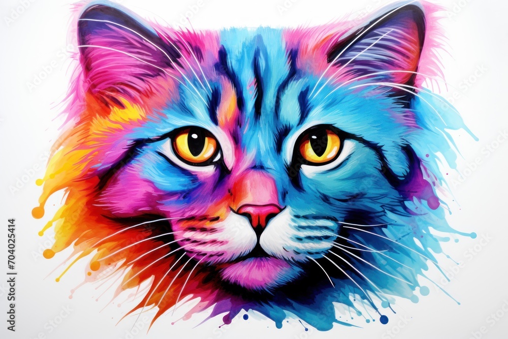  a colorful painting of a cat's face with orange, yellow, blue, and pink colors on the cat's face and the left side of the cat's face.