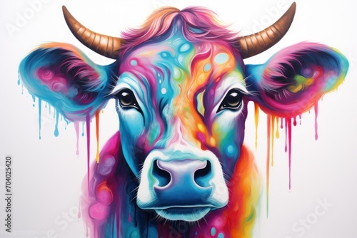  a painting of a cow with colorful paint splatters on it's face and a cow's head in the center of the painting is a white background.
