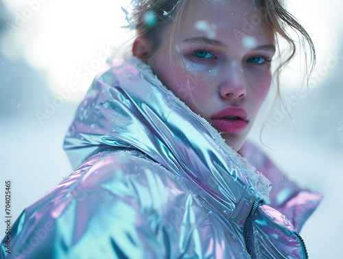 Beautiful young woman wearing fashionable winter puffer jacket photo