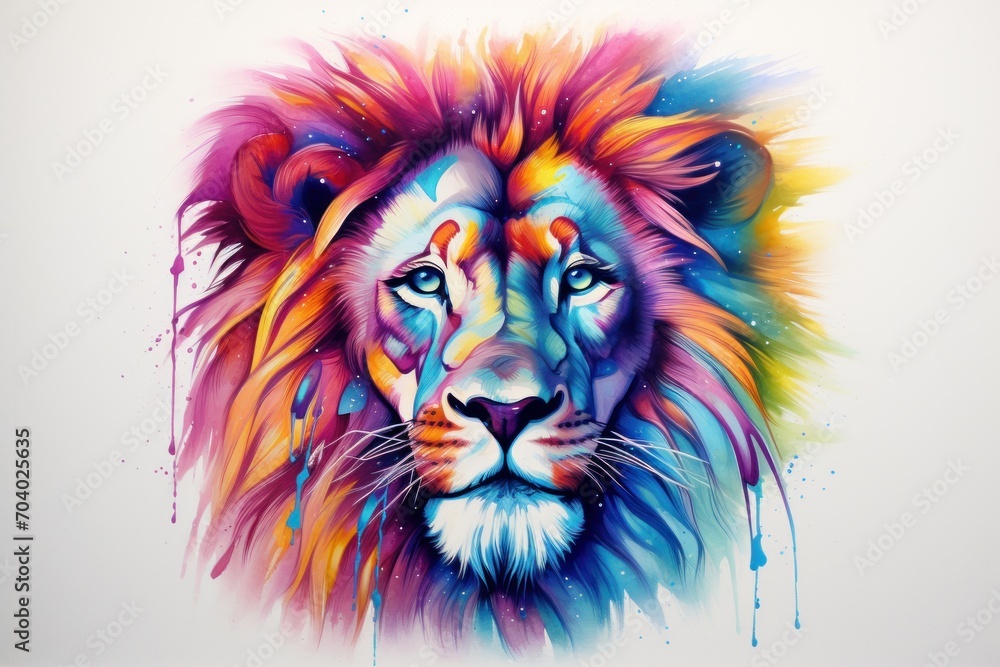  a painting of a lion's face with multi - colored paint splattered on it's face and the face of a lion's head's head.