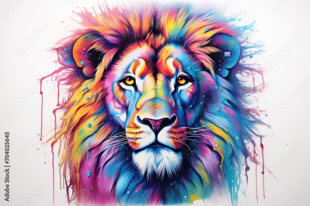  a painting of a lion's face with multicolored paint splattered on it's face and the face of a lion's head's head.
