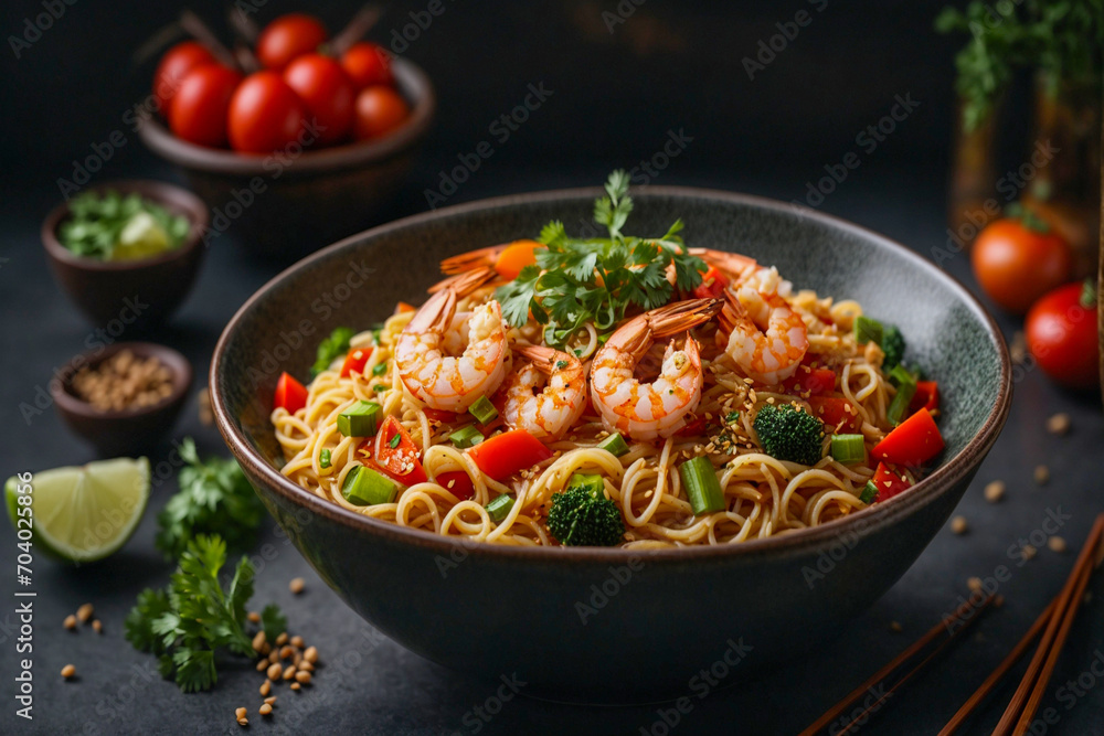 Asian noodles with prawns and vegetables are served in a bowl on a dark background. Asian noodles with prawns and vegetables are served in a bowl on a dark background.