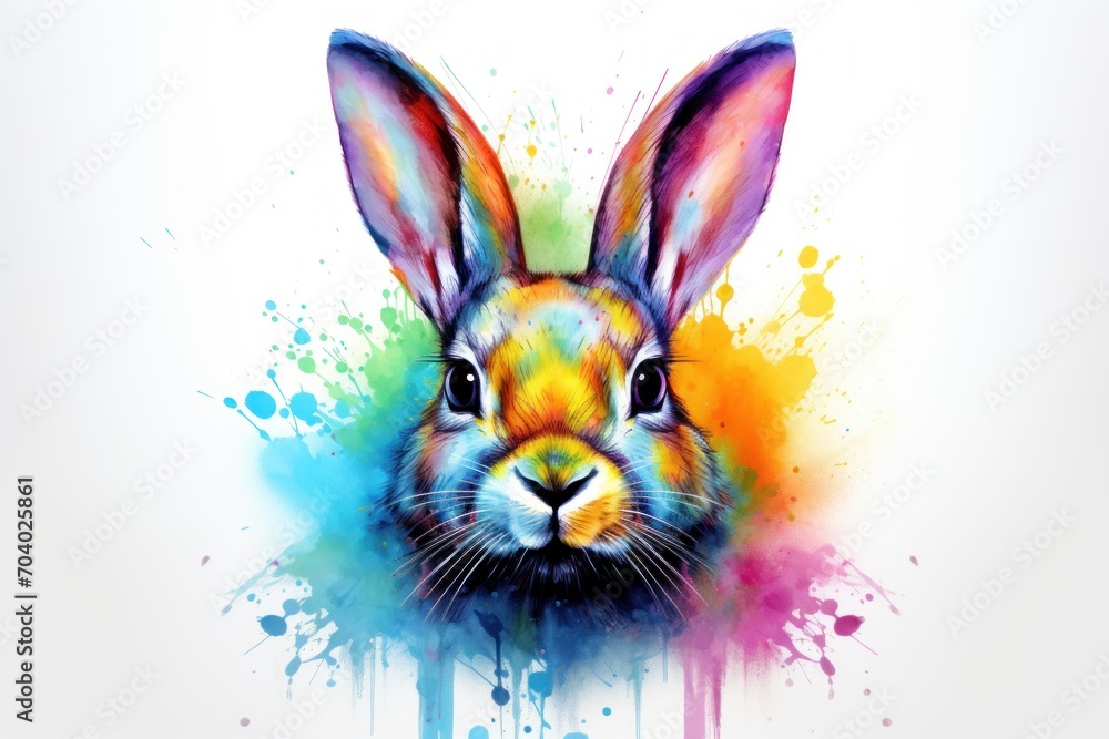  a watercolor painting of a rabbit's face with multi - colored paint splatters on it's face and a white background that has a splash of blue, yellow, red, green, orange, pink, purple,  and orange.