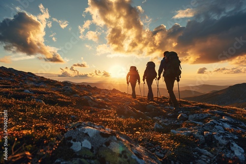 Four youthful adventurers with knapsacks are trekking in the mountains during sunset.