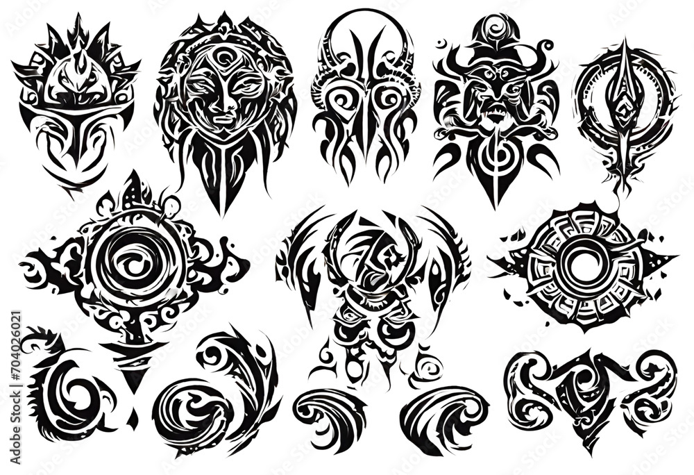 Background skull tattoo vector illustration symbol tribal art head design bone set