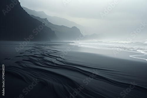  a black and white photo of a beach with waves in the sand and a mountain in the distance with a foggy sky in the foreground and a foggy sky.
