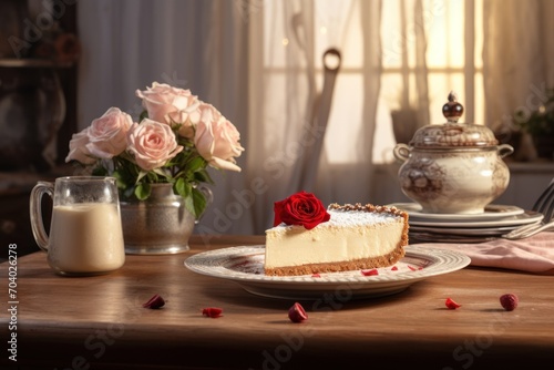  a piece of cheesecake on a plate on a table with a glass of milk and a vase of roses and a vase of pink roses on the table next to it.
