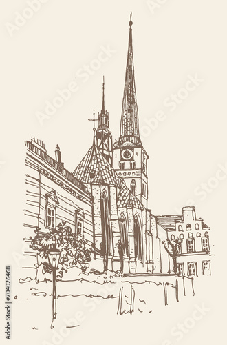 Travel sketch of Lubeck  Germany. Historical building  old town line art. Freehand drawing. Hand drawn travel postcard. Urban sketch in braun color isolated on beige background.