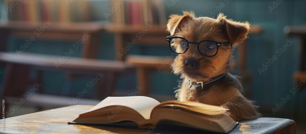 Educated puppy in glasses sits with book at school. Educated puppy in glasses sits with book at school.