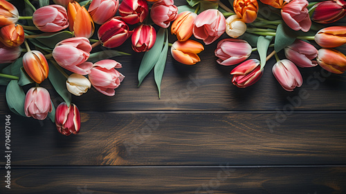 tulips arrangement on a wooden table flat lay top view #704027046