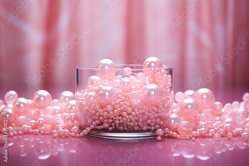  a glass bowl filled with pearls on top of a pink table cloth covered in pink and white beads on top of a pink table cloth covered with a pink curtain in the background.