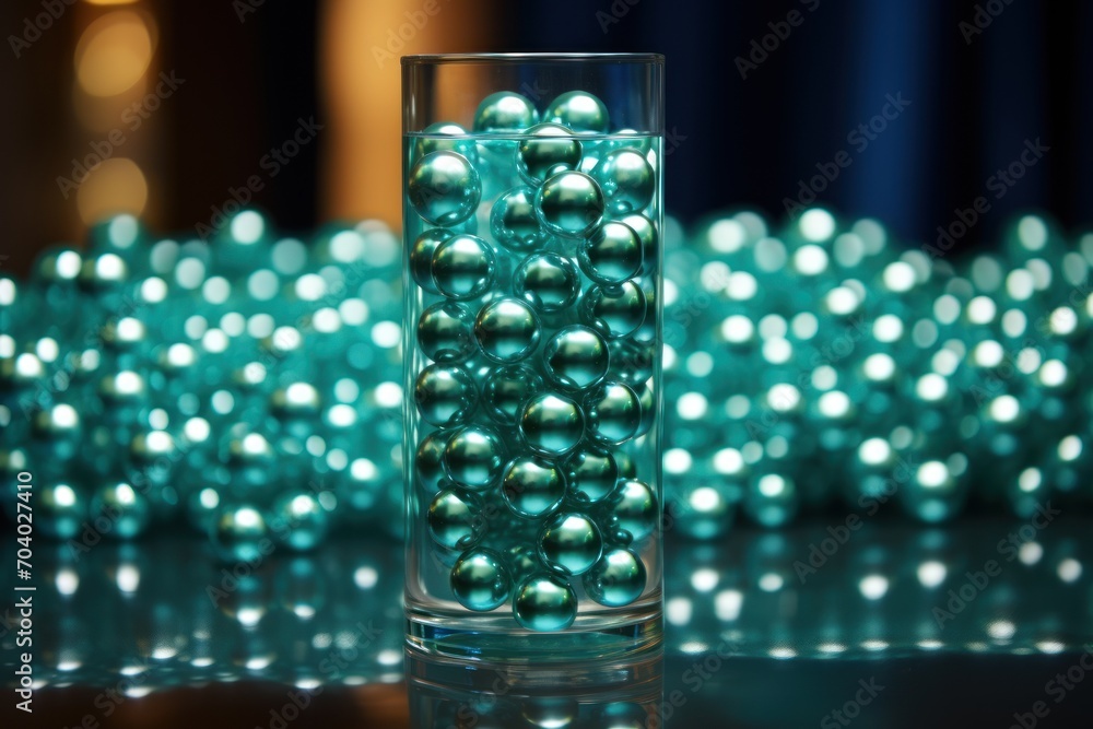 a glass filled with green balls sitting on top of a table next to a pile of green balls on top of a black table top next to a blue curtain. a glass filled with green balls sitting on top of a table next to a pile of green balls on top of a black table top next to a blue curtain.
