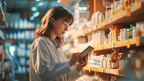 Woman using a tablet in a drugstore while a female pharmacist takes inventory. A cheerful healthcare worker in a pharmacy. photo