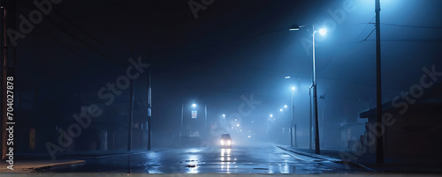 City street at night with fog and lights