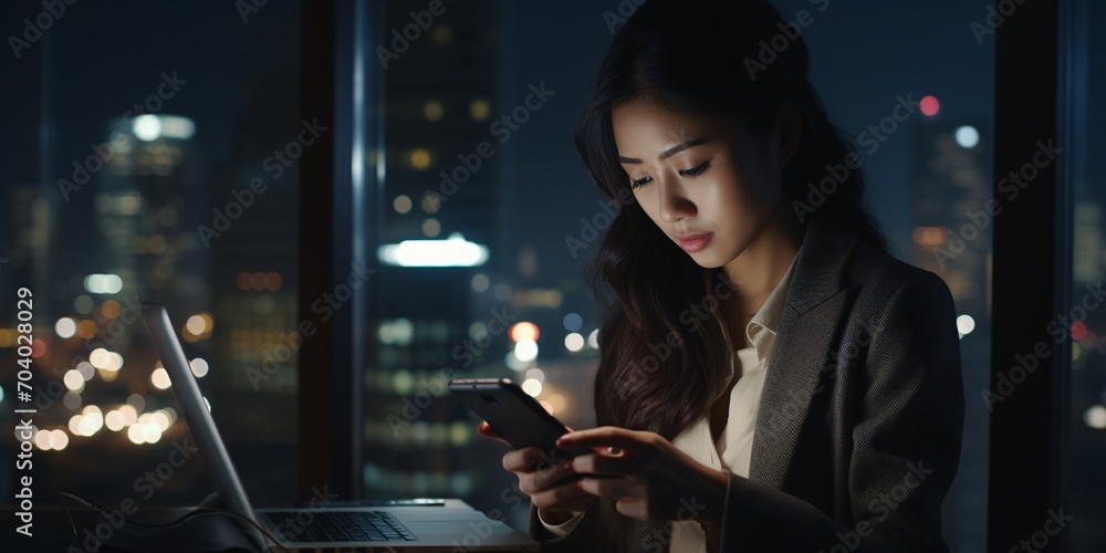 Busy young Asian female executive utilizing laptop and cellular device technology in dark office at night, holding smartphone while working with cityscape in background.