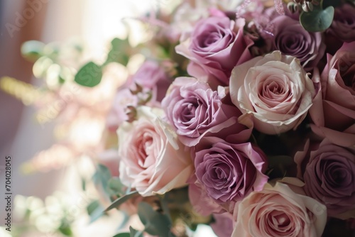  a bouquet of pink and purple roses in a vase with greenery on the side of the vase and a blurry background behind the bouquet of pink and white roses.