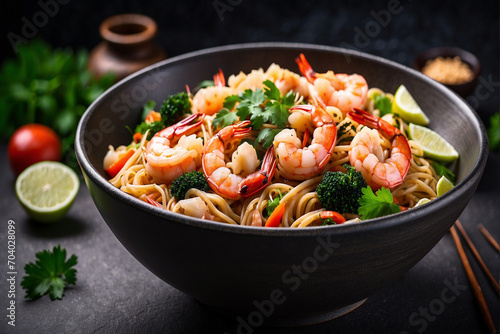 Asian noodles with prawns and vegetables are served in a bowl on a dark background.