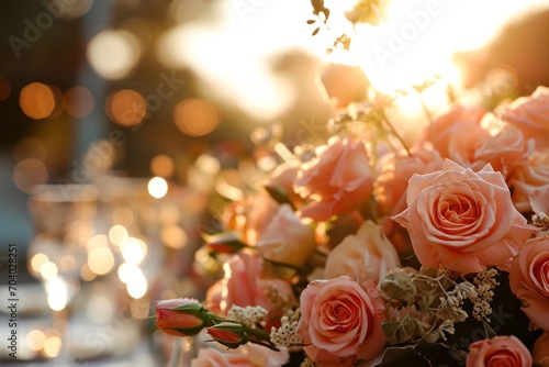  a bouquet of pink roses sitting on top of a table next to a vase filled with white and pink flowers with the sun shining through the window in the background.