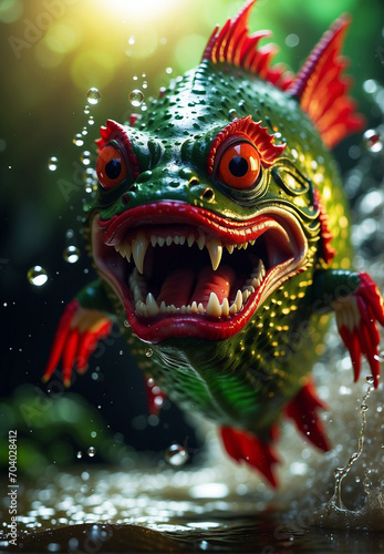 An angry predatory fish, splashing over the water.