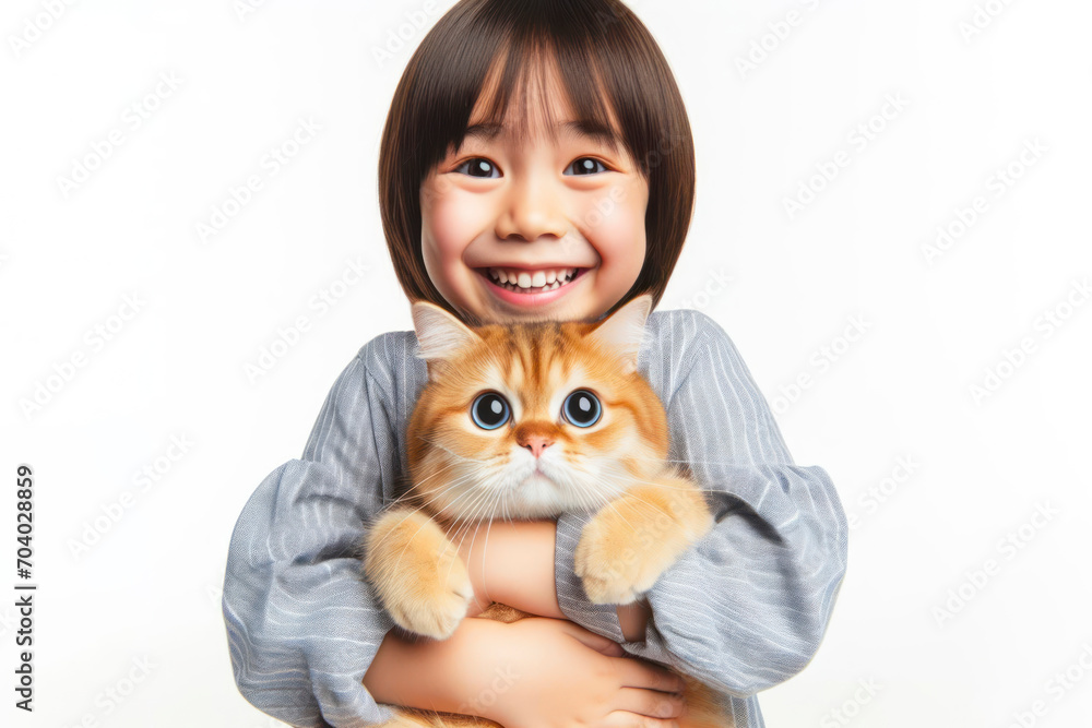 happy cat owner kid smiling holding his cat in arm with Huge Eyes on solid white background. ai generative happy cat owner kid smiling holding his cat in arm with Huge Eyes on solid white background. ai generative