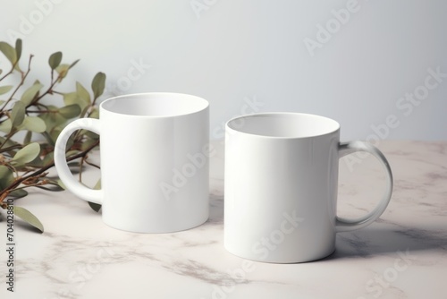  a couple of white coffee mugs sitting on top of a table next to a green leafy plant on top of a marble slab of a white counter top.