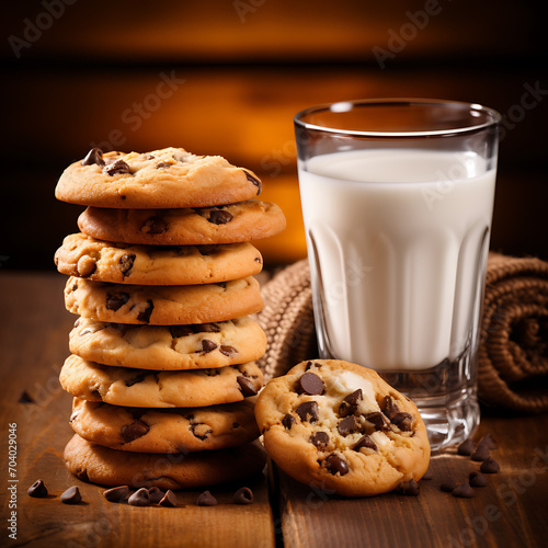 A stack of chocolate chip cookies and a glass of milk on a table against a brown background with ample copy space