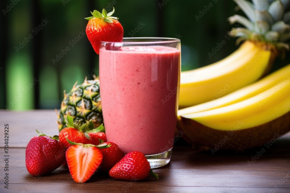 a smoothie in a glass with strawberries on the side and a pineapple next to it on a wooden table with bananas and a pineapple in the background. a smoothie in a glass with strawberries on the side and a pineapple next to it on a wooden table with bananas and a pineapple in the background.