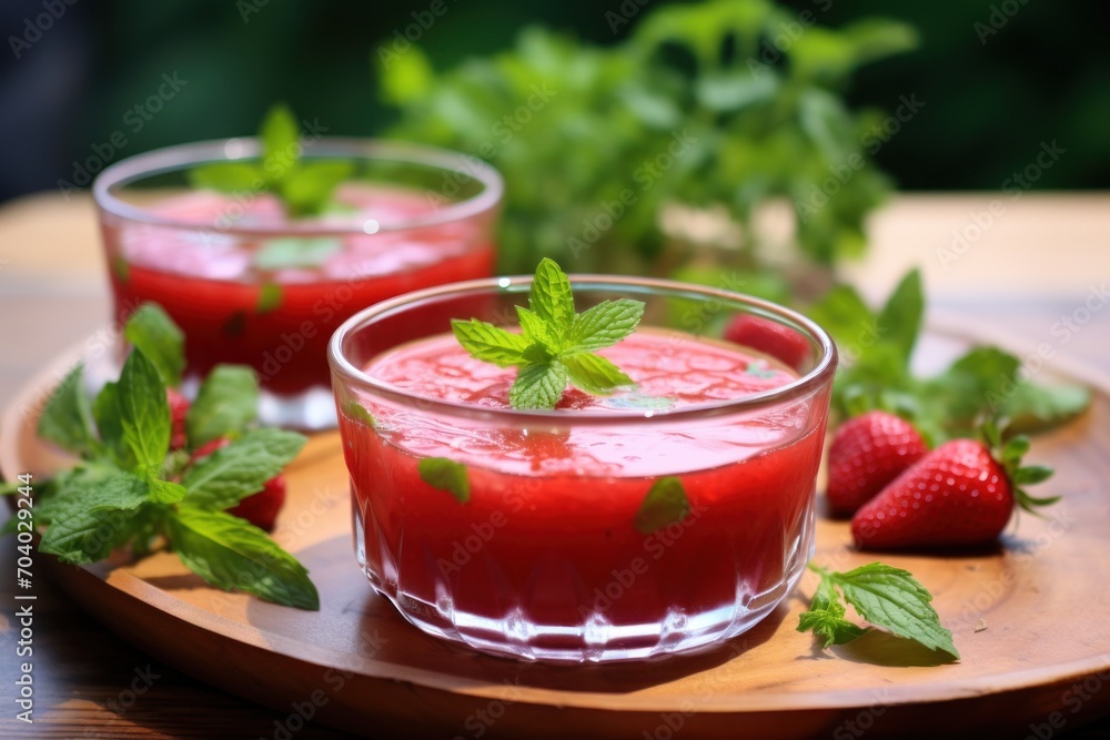 a close up of two glasses of liquid on a plate with strawberries and mint leaves on the side of the glasses and a green leafy plant in the background. a close up of two glasses of liquid on a plate with strawberries and mint leaves on the side of the glasses and a green leafy plant in the background.