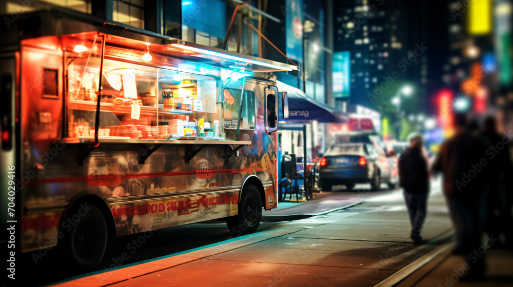 A busy food truck in the city serving local specialties to a queue of eager customers.