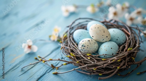 Pastel colored Easter eggs in a wicker nest.