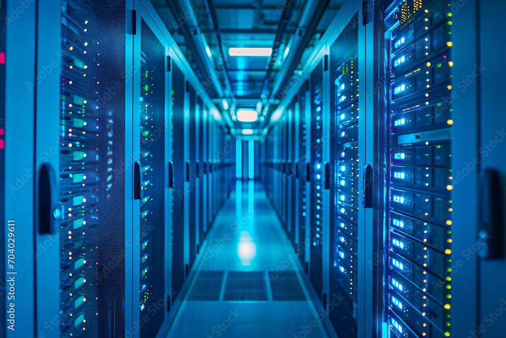 Modern data center with rows of server racks. Supercomputer, cloud computing, big data storage and internet concept. Futuristic technology. Science and research of the future Modern data center with rows of server racks. Supercomputer, cloud computing, big data storage and internet concept. Futuristic technology. Science and research of the future