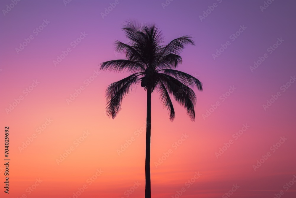  a palm tree is silhouetted against a purple and pink sky at sunset in the tropical island of koh sami, in the cook islands of the cook islands of the pacific.