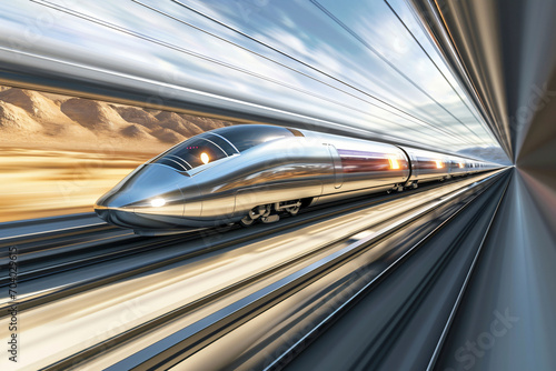 Futuristic high speed train in motion. Concept of fast travel, speed, future technology. 3D rendering illustration. Motion blur, dynamic composition
