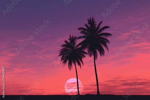  two palm trees are silhouetted against a pink and purple sky with the sun setting in the middle of the picture and a half moon in the middle of the sky.