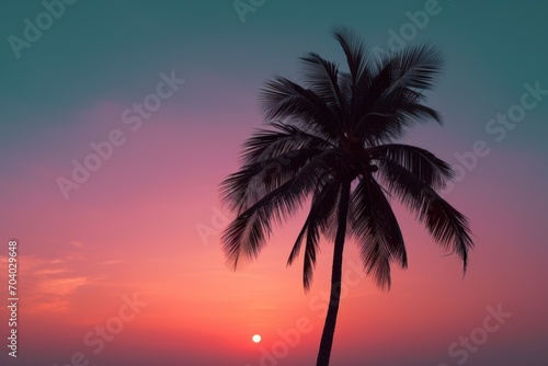  a palm tree is silhouetted against a pink and blue sky as the sun sets on the horizon of a beach in costa rica, costa rica, costa rica.