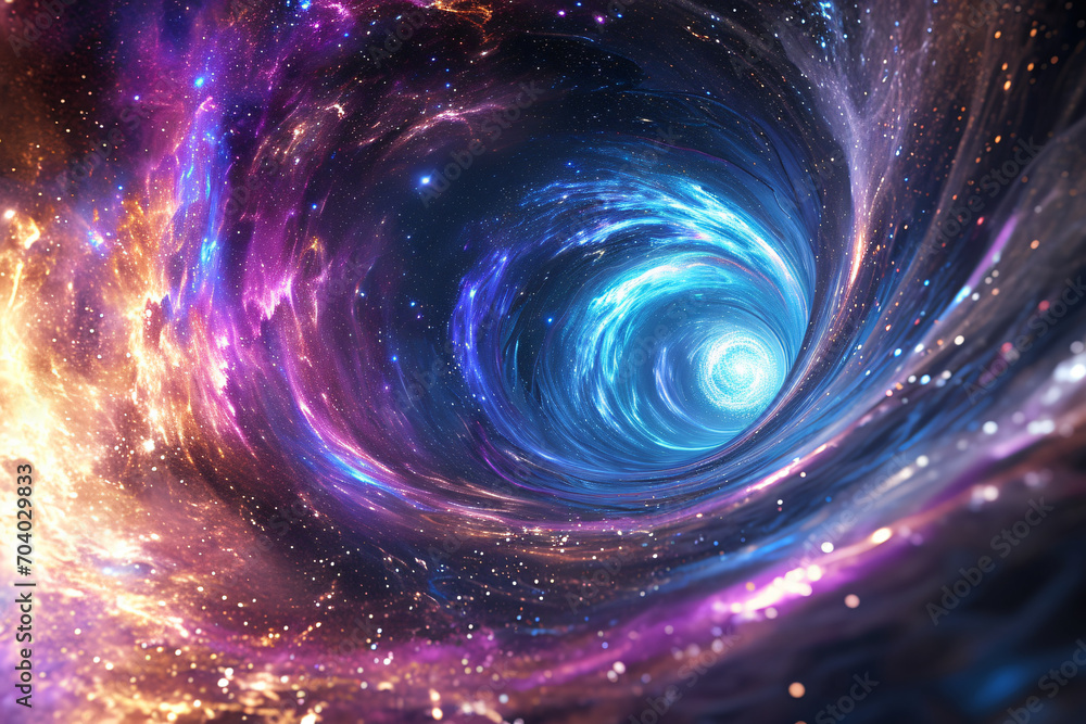 Traveling down the wormhole through space, stars and galaxies. A futuristic concept of science and exploration. Interstellar flights, space-time concept. Traveling at the speed of light Traveling down the wormhole through space, stars and galaxies. A futuristic concept of science and exploration. Interstellar flights, space-time concept. Traveling at the speed of light