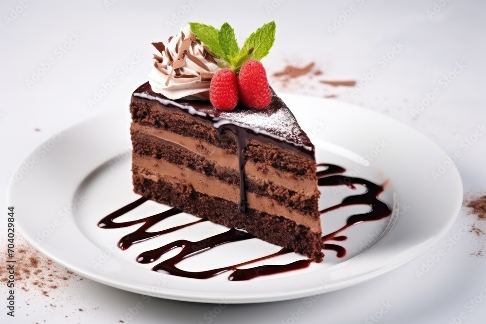 a piece of chocolate cake on a white plate with chocolate drizzle and two raspberries on top of it with chocolate sauce drizzled on top. a piece of chocolate cake on a white plate with chocolate drizzle and two raspberries on top of it with chocolate sauce drizzled on top.