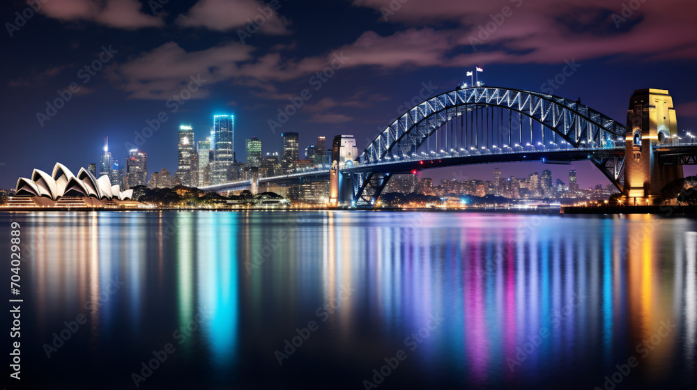 A citys iconic bridge illuminated at night with a view of the skyline in the distance.