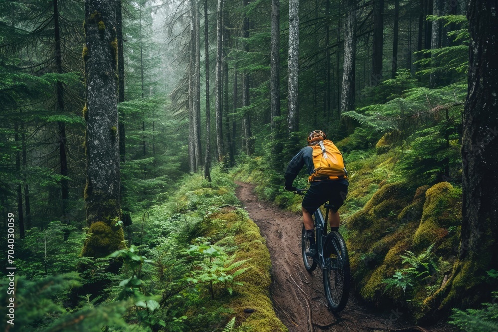 An action-packed mountain biking trail in a dense forest An action-packed mountain biking trail in a dense forest