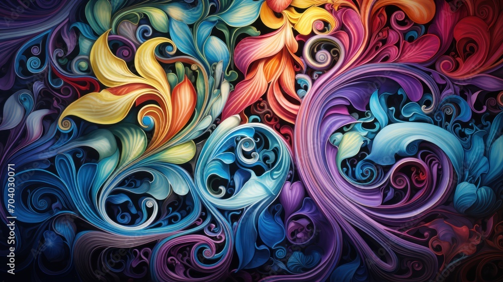 a painting of colorful flowers and swirls on a black background with red, yellow, blue, orange, and pink colors on the bottom half of the image. a painting of colorful flowers and swirls on a black background with red, yellow, blue, orange, and pink colors on the bottom half of the image.