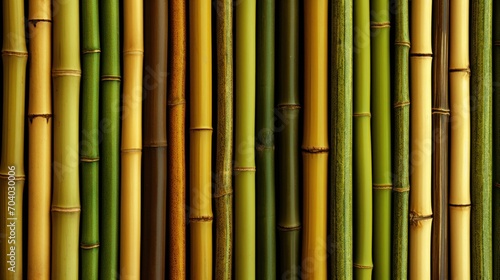  a close up of a bamboo wall with lots of green and yellow bamboo stalks in the foreground and the top half of the bamboo stalks in the foreground.